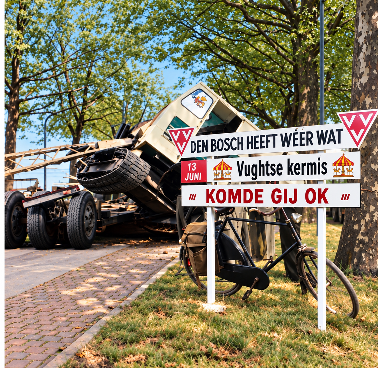 Historische foto met Vughtse kermis-bord